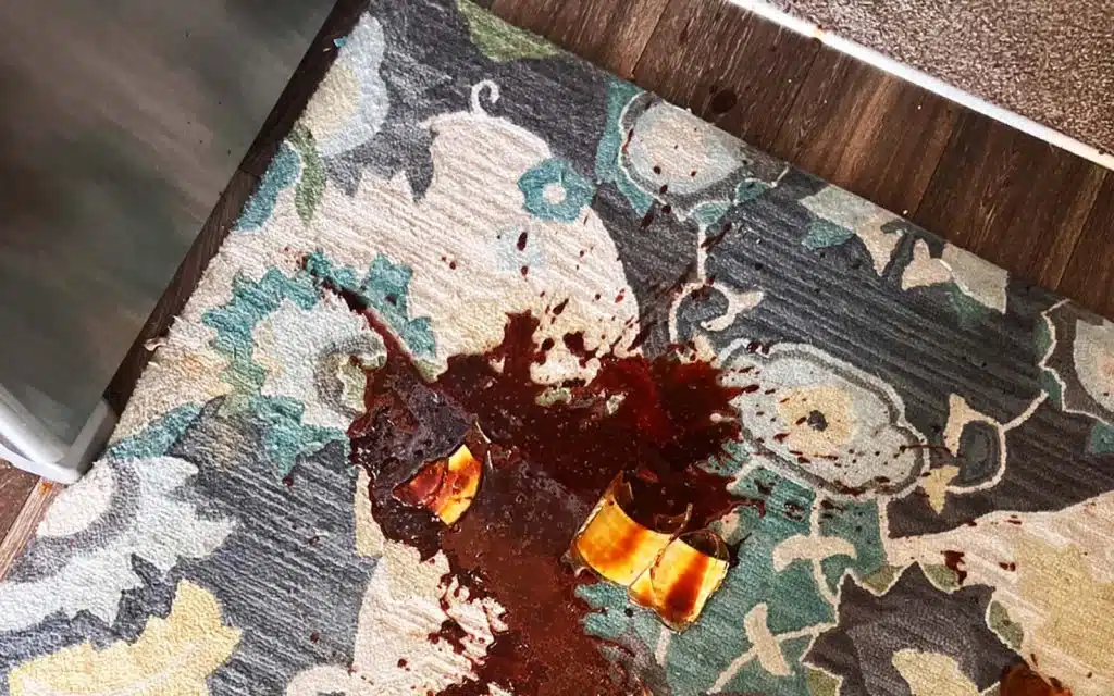 A person blotting a spill on a carpet with a clean cloth