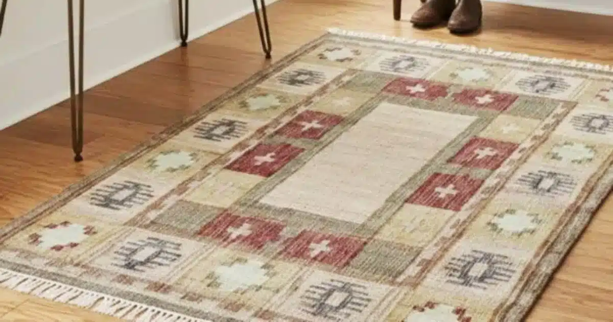 A high-end living room featuring a curved white sofa and one of our handmade Persian carpets with a bold black and white pattern.