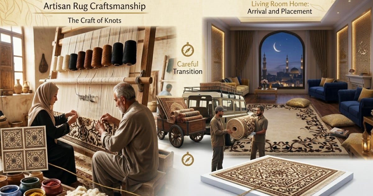 Artisan rug craftsmanship showing skilled weavers working on a traditional loom, transforming dyed fibers into a detailed handmade rug that will later enhance modern living spaces.