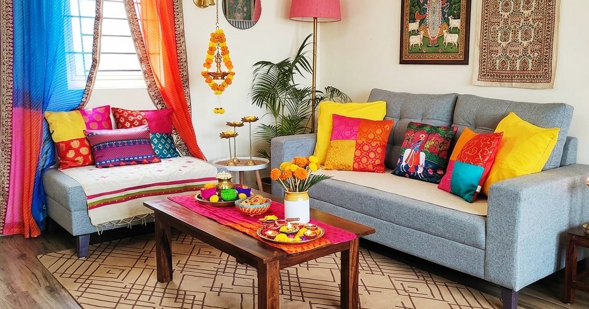 holi home decor ideas with colourful rug and festive living room styling
