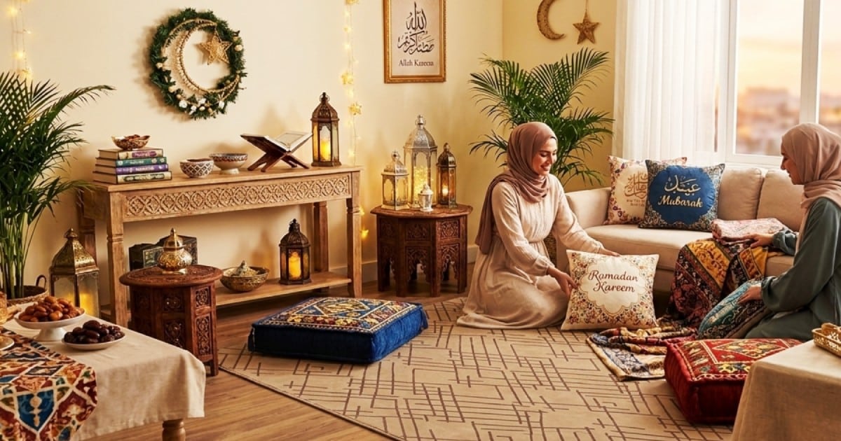 Ramadan home decor rugs styled with lantern lighting in a cozy living room