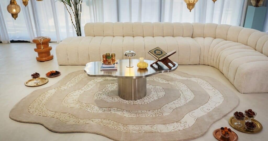 ramzan party decor ideas with layered rugs and lantern lighting